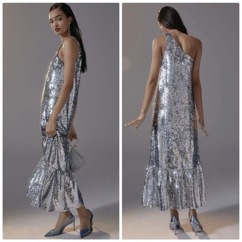 Anthropologie Maeve One-Shoulder Silver Sequin Maxi Dress XL Glam Party Cocktail - Picture 5 of 11